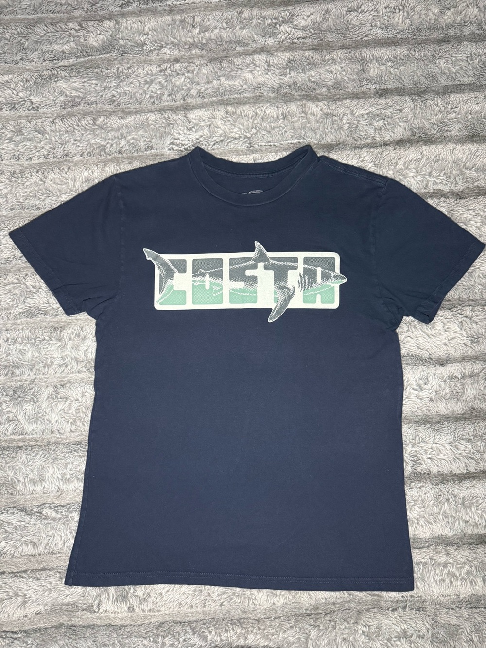 Costa Navy Short-Sleeve Shark Logo Tee with Sea Green Accent